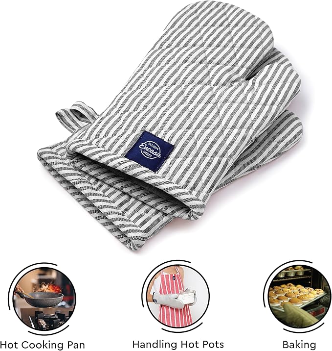 Encasa XO Long 12"x7" Oven Microwave Hand Gloves Mitts (2 pc Set) for Kitchen Cooking & Baking - Heat Resistant, Thick & Safe, Protection of Hands from Hot Utensils - Ticking Black
