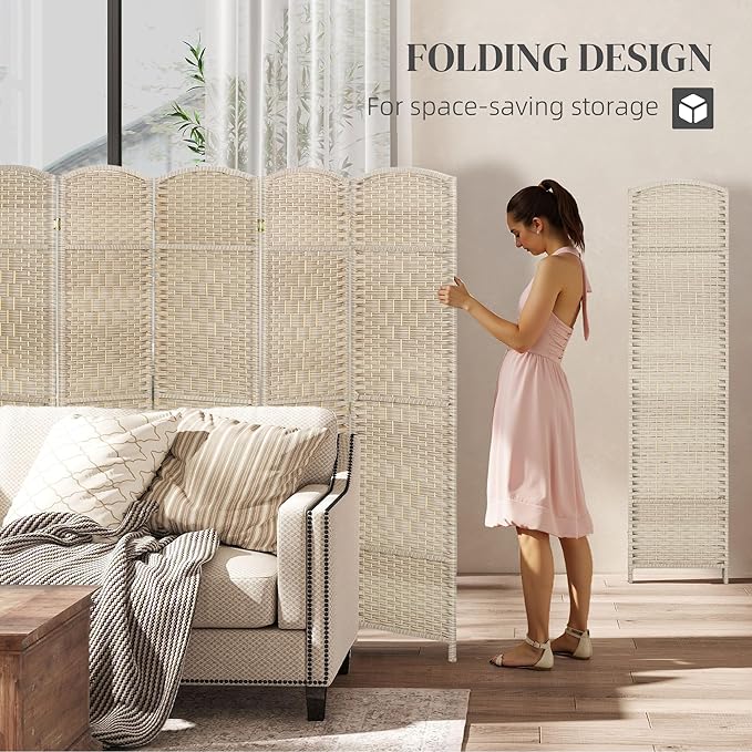 HOMCOM 6 Panel Room Divider, 6' Tall Folding Privacy Screen, Woven Freestanding Wall Partition for Home Office, Bedroom, Washed Oak