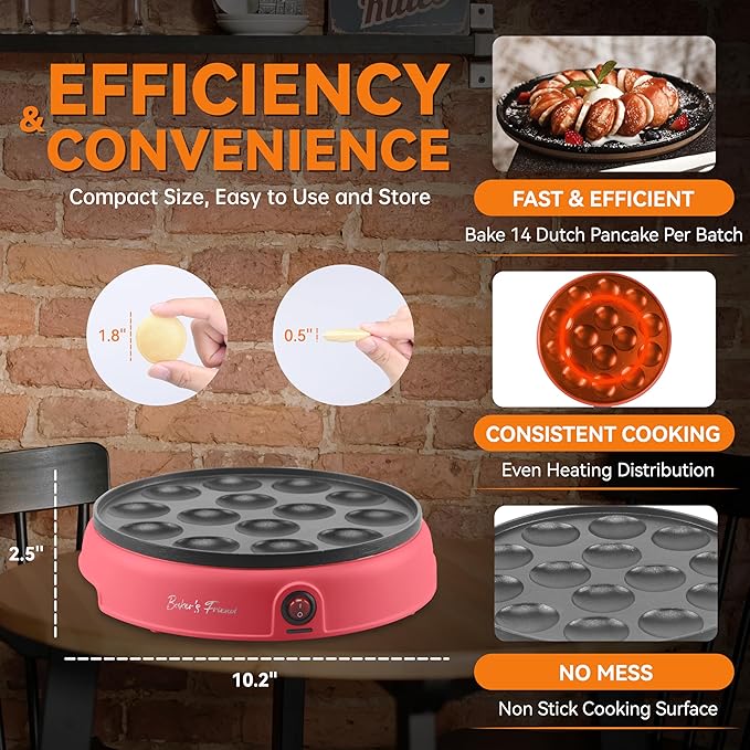 Baker's Friend Mini Pancakes Maker Machine, Dutch Mini Pancake Griddle, 14 Holes Electric Poffertjes Pan, Ideal for Breakfast, Snacks, Desserts & More, Red