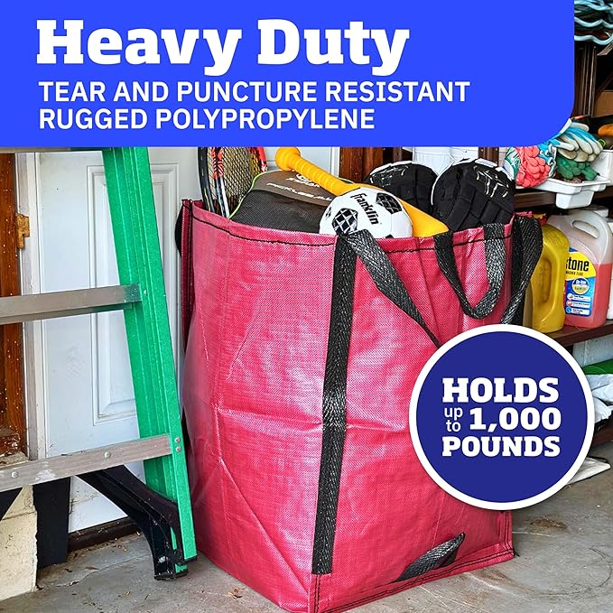 DURASACK Heavy Duty Home and Yard Waste Bag 48-Gallon Woven Polypropylene, Reusable Lawn and Leaf Garden Bag with Reinforced Carry Handles, Pop-Up Self-Standing Garbage Can, Red (Pack of 2)