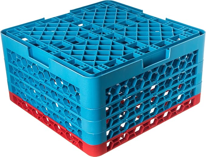 CFS RG16-4C410 OptiClean 16 Compartment Glass Rack with 4 Extenders, 10.3", Polypropylene, Red/CFS Blue