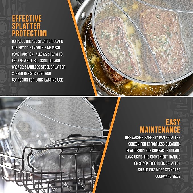 U.S. Kitchen Supply Stainless Steel Splatter Guard 13" Fine Mesh Cover, Grease & Oil, Splatter Screen for Frying Pan, Cooking Pots, with Resting Feet & Comfort Grip Handle