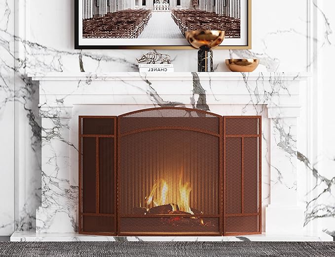 Fire Beauty Fireplace Screen 3 Panel Wrought Iron 48"(L) x 29"(H) Spark Guard Cover(Antique Bronze)
