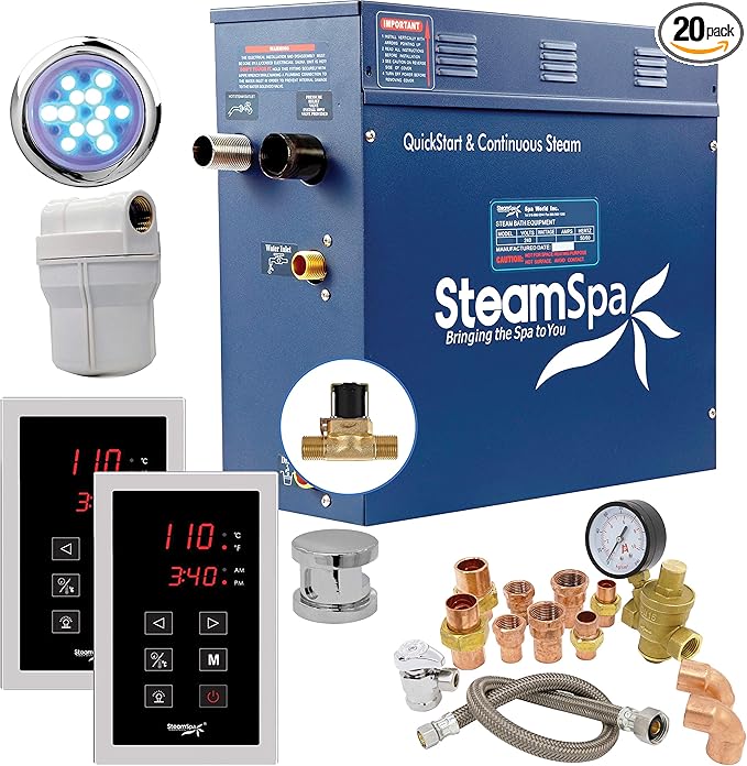 SteamSpa 9kW Steam Sauna Generator Executive Bundle 240V Steam Generator with Touch Pad, Steamheads, Pressure Relief Valve, Built-in Auto Drain, LED Light, Filter and Quick Install Kit EXT900CH-A