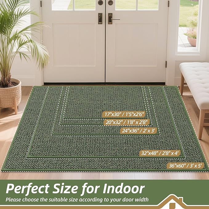 BEQHAUSE Dirt Trapper Door Mat 17" x 30", Non-Slip Doormats (Rolled-Up NO Creases) Washable Entryway Rugs, Dirt Resist and Absorbent Welcome Mat, Low Profile Floor Mats for Front Back Door, Green
