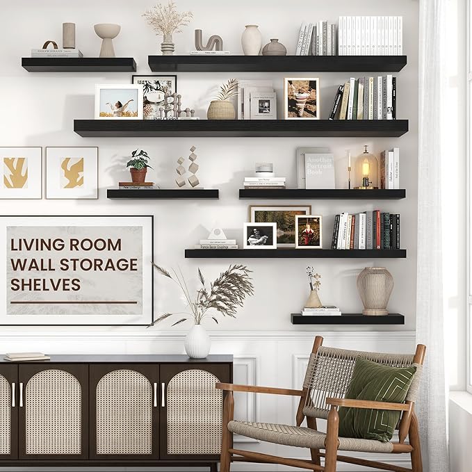 Floating Shelves for Wall 72"W x 11.6"D x 2"H, Long Engineered Wood Wall Shelves with Invisible Brackets for Living Room Bedroom Bathroom Office Kitchen Decor and Storage, Black Finish, Set of 1