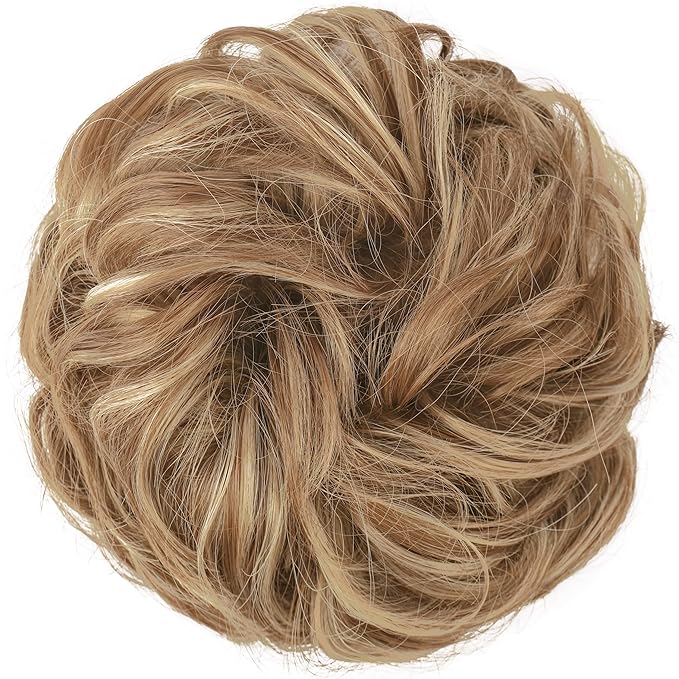 FESHFEN Large Messy Bun Hair Piece - Wavy Synthetic Chignon Scrunchies Elastic Ponytail Hair Extensions Thick Hairpieces for Women, Light Brown & Mixed Blonde 1.94oz