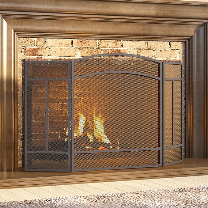 Fire Beauty Fireplace Screen 3 Panel Wrought Iron 48"(L) x 29"(H) Spark Guard Cover(Pewter)