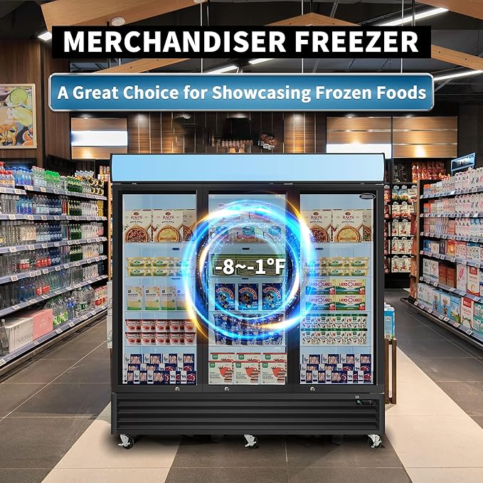 Glass Door Merchandiser Freezer 70 Cu.ft Swing Door Commercial Reach-In Display Freezers with LED Top Panel Upright Freeze Storage (3 Door)