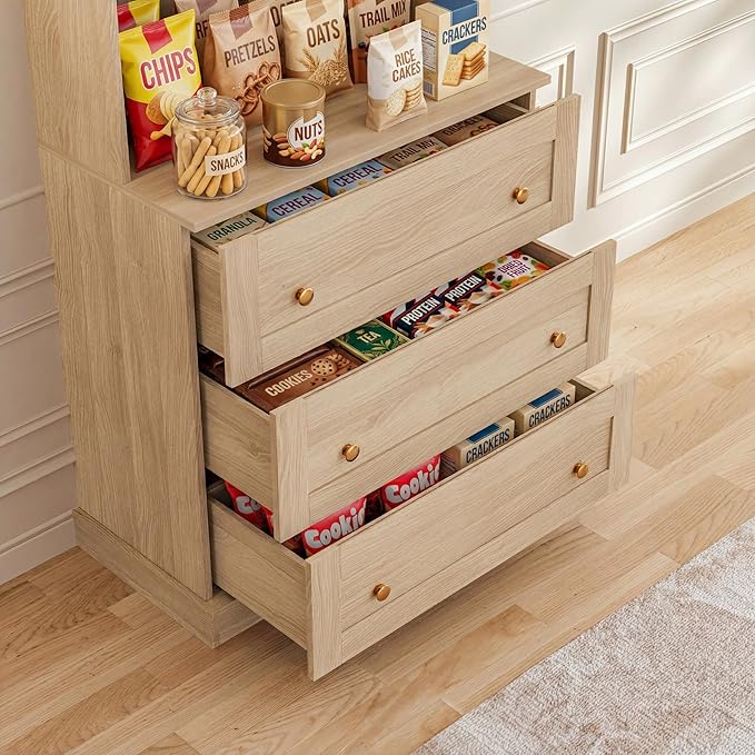 71" Farmhouse Kitchen Pantry Cabinet, Brown Freestanding Coffee Bar Hutch with Glass Doors, Drawers & Adjustable Shelves, Large Storage Cabinet with Microwave Stand for Living Room & Kitchen, Set of 3