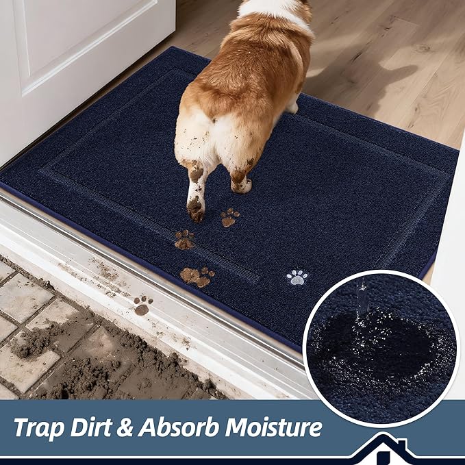 BEQHAUSE Dog Door Mat for Muddy Paws 20"x32" Dirt Trapper Absorbent Doormat Non Slip Entryway Rugs Washable Stain Resistant Welcome Floor Mat Soft Low-Profile for Front Back Door, Navy Blue