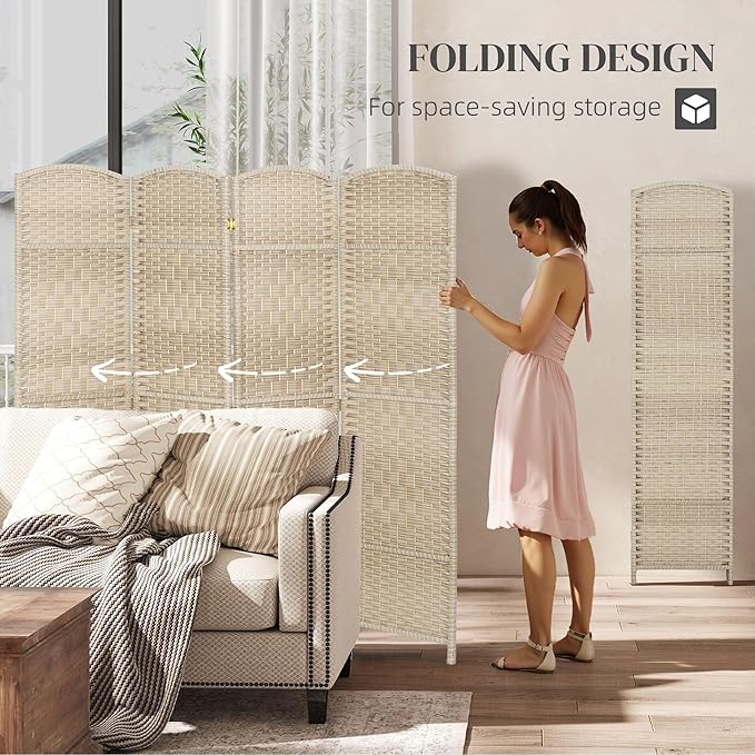 HOMCOM 4 Panel Room Divider, 6' Tall Folding Privacy Screen, Woven Freestanding Wall Partition for Home Office, Bedroom, Washed Oak
