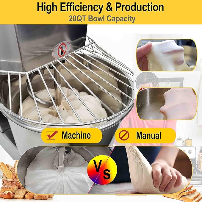 TECHTONGDA Commercial Electric Dough Mixer Mixing Machine, 20L Stainless Steel Spiral Stand Flour Mixer, Double Action Double Speed Dough Kneading Machine with Speed Time Control for Bakery Pizzeria