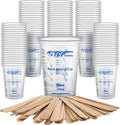 TCP Global 10 oz. (300ml) Graduated Plastic Mixing Cups - Box of 100 with 50 Mixing Sticks - Disposable Plastic Measuring Cups for Liquids, Paints, Resin, Epoxy, Art, Kitchen - Ratios 2-1, 3-1, 4-1 ML