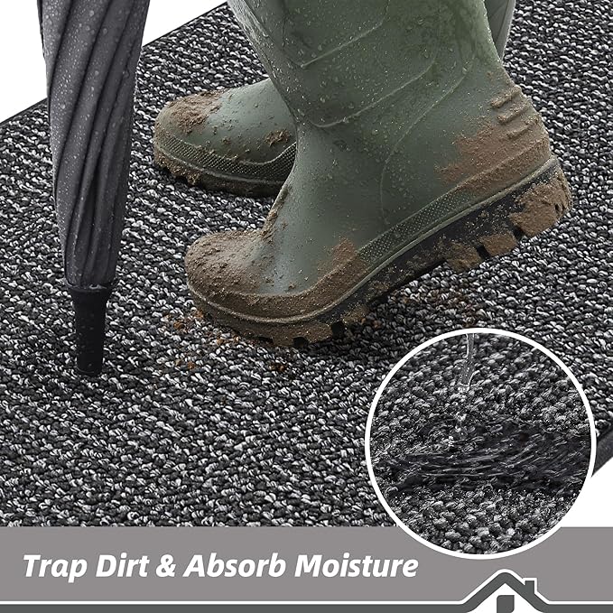BEQHAUSE Dirt Trapper Door Mat 17" x 30", Non-Slip Doormats (Rolled-Up NO Creases) Washable Entryway Rugs, Dirt Resist and Absorbent Welcome Mat, Low Profile Floor Mats for Front Back Door, Charcoal
