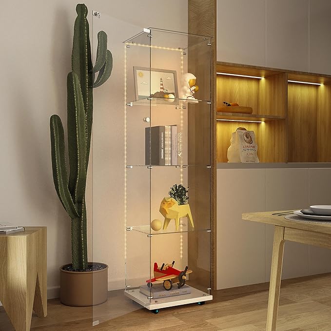 Yoluckea 4 Tiers Glass Display Cabinet with Bluetooth LED Light Strip, 1 Door Floor Standing Curio Cabinet with Universal Wheel for Home Office Display, White Glass Bookshelf for Collections,Clear Top