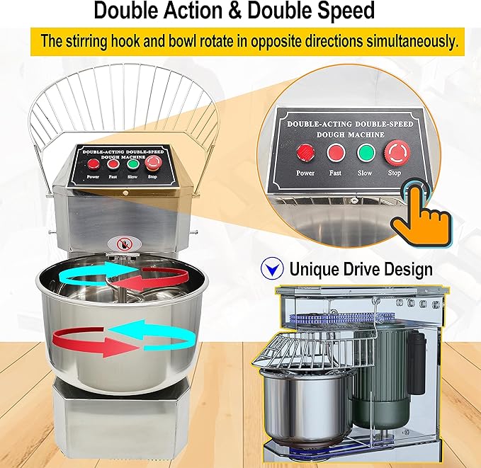 TECHTONGDA Commercial Dough Mixer, 30L Pizza Bakery Flour Mixer Machine with Double Action Double Speed, Electric Stainless Steel Dough Kneading Machine for Restaurant Pizzeria