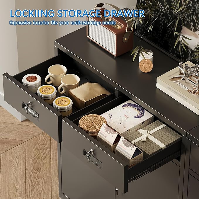 BESFUR Metal Storage Cabinet with Doors and Shelves, 36" H Locking Storage Cabinet with 2 Drawers, Black Metal Cabinets for Garage, Office, Home
