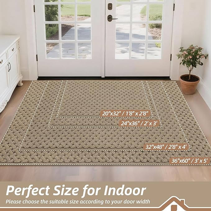 BEQHAUSE Dirt Trapper Door Mat Non-Slip Entryway Rugs Stain Resistant Absorbent Dog Doormats Woven-Look Washable Welcome Floor Doormat for Front Back Door, Muddy Wet Shoes & Paws, 24" x 36", Beige