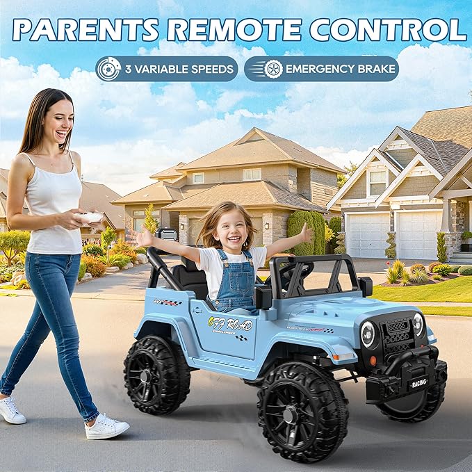 12V Ride On Truck Car with Remote Control, Kids Electric Vehicles with Bluetooth Music, Horn, 3 Speeds, 4 LED Lights, Soft Start, Ride on Toys for Toddler Boys & Girls (Blue)