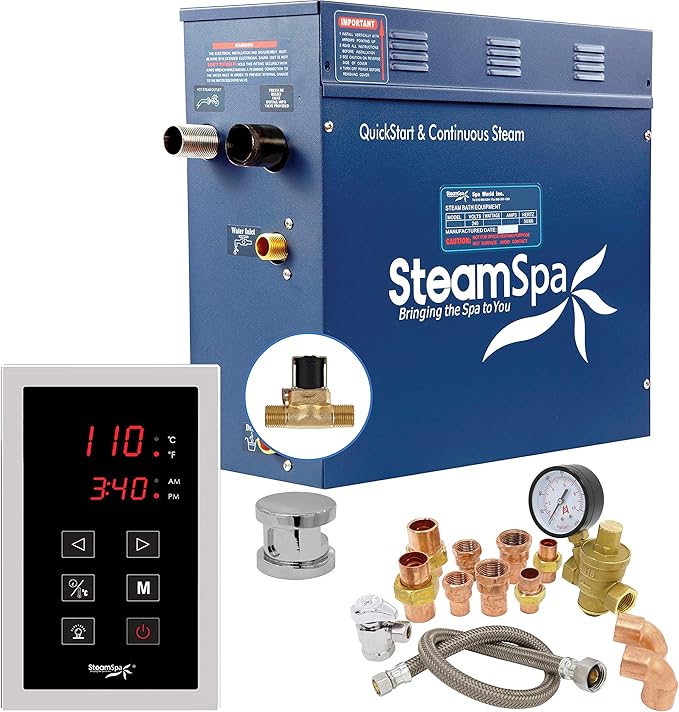 SteamSpa 7.5kW Steam Sauna Generator Premium Bundle 240V Steam Generator with Touch Pad Control, Steamheads, Pressure Relief Valve, Built-in Auto Drain and Plumber Quick Install Kit PRT750CH-A