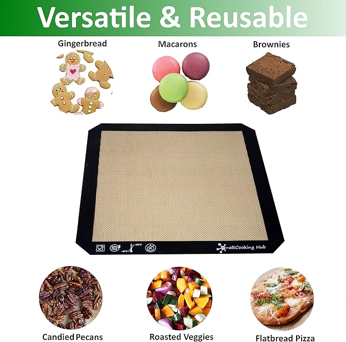 Silicone Roasting Mat and Silicone Baking Mat Combo for Air Fryer Oven - Set of 3 Food Safe, Non-Stick Baking Mat and Silicone Roasting Racks with Bonus Non-Stick Oven Liner
