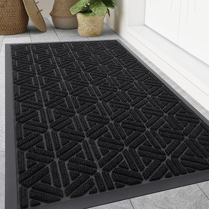 Smiry Front Door Mat Outside Entrance, Heavy Duty Sturdy Natural Rubber Doormat, Trap Dirt and Moisture, Easy Clean Low Profile Mats for Indoor Outdoor Entry, Grid Geometric (59x34, Black)