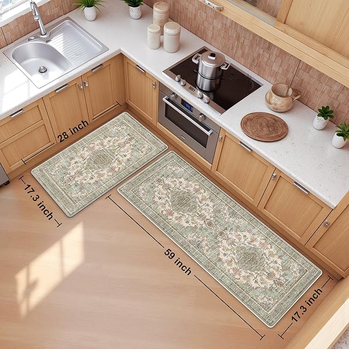 Boho Kitchen Mats for Floor 2 Piece Set Anti Fatigue Cushioned PVC Kitchen Rugs Non Slip Waterproof Farmhouse Mats 2/5 Inch Comfort Standing Mat for Sink, Laundry, 17.3"x59"+17.3"x28", Green Beige