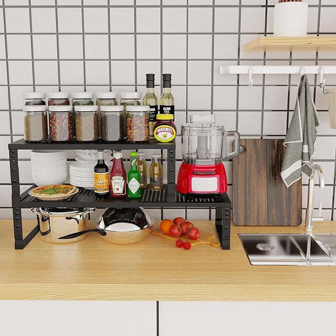 Expandable Adjustable Stackable Kitchen Organizer, Spice Rack,Metal Pantry Storage Shelves Racks,Counter Shelf for Cabinets, Countertop, Cupboard(2 Packs/Medium/Black)