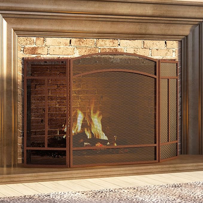 Fire Beauty Fireplace Screen 3 Panel Wrought Iron 48"(L) x 29"(H) Spark Guard Cover(Antique Bronze)