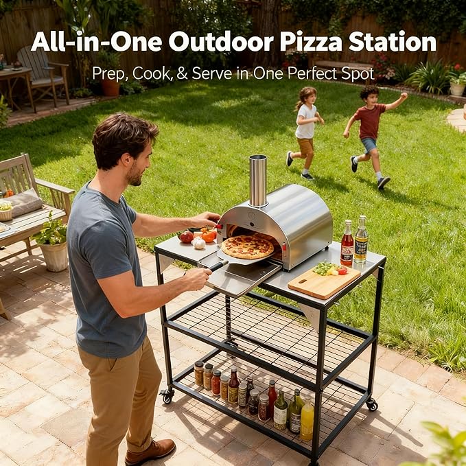All-in-One Outdoor Pizza Oven & Grill Cart - Rolling Prep Table for Blackstone Griddles, Ninja Woodfire Grills, and More