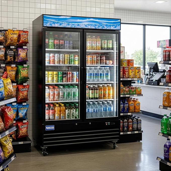 Kratos Commercial Two Door Merchandising Refrigerator, Two Swing Door Mobile Black Display Refrigerator for Shops and C Stores, 53" Wide, LED Lighting, 115V (67K-206)
