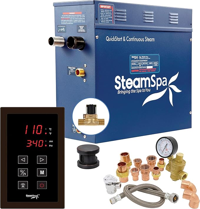 SteamSpa 4.5kW Steam Sauna Generator Premium Bundle 240V Steam Generator with Touch Pad Control, Steamheads, Pressure Relief Valve, Built-in Auto Drain and Plumber Quick Install Kit PRT450OB-A