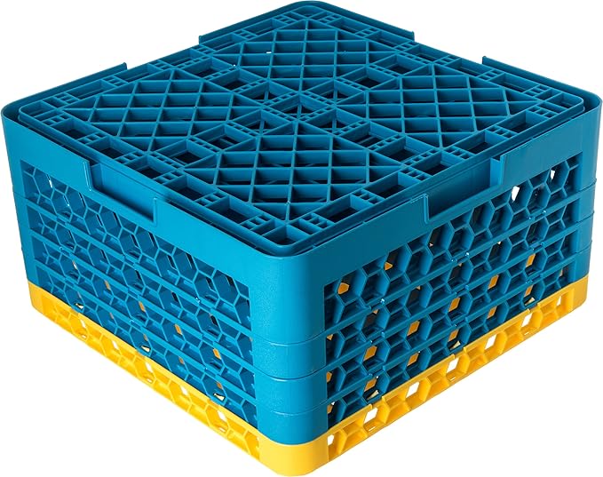 CFS RG49-4C411 OptiClean 49 Compartment Glass Rack with 4 Extenders, 10.3", Polypropylene, Yellow/CFS Blue