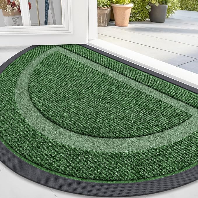 OLANLY Half Circle Door Mat Indoor Outdoor Entrance Welcome, Waterproof All-Season, All-Weather Doormat, Sturdy Natural Rubber, Low Profile, Easy Clean Patio Porch Entryway Mat, 35x23, Green