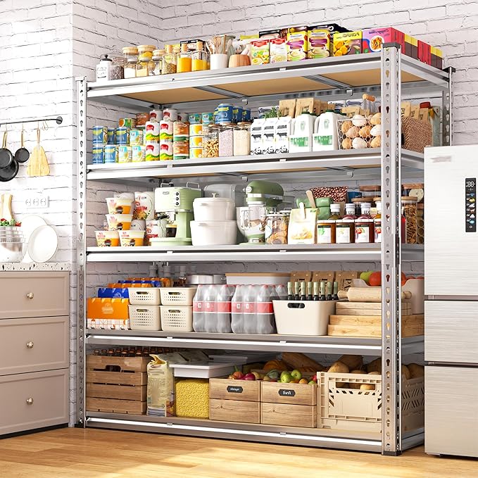 Garage Shelving Load 3050LBS, 5-Tier Storage Shelves, Adjustable Garage Shelves, Shelving Units and Storage, Metal Shelf for Kitchen, Pantry, Warehouse, 48" W x 71.9" H x 17.9" D, Galvanized