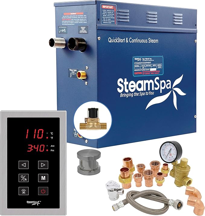 SteamSpa 4.5kW Steam Sauna Generator Premium Bundle 240V Steam Generator with Touch Pad Control, Steamheads, Pressure Relief Valve, Built-in Auto Drain and Plumber Quick Install Kit PRT450BN-A