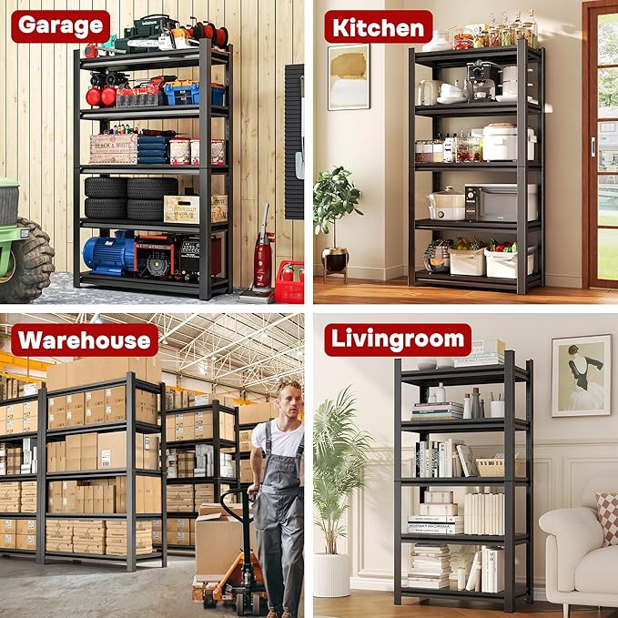63''H Metal Garage Shelving Unit, 5-Tier Garage Storage Shelves Heavy Duty, Adjustable Upgraded Reinforced Double-Layer Columns for Basement Kitchen Laundry Room Pantry Rack 23.6''W*11.8''D