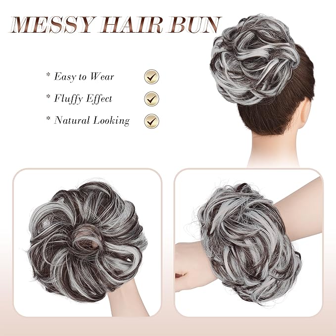 FESHFEN Large Messy Bun Hair Piece - Wavy Synthetic Chignon Scrunchies Elastic Ponytail Hair Extensions Thick Hairpieces for Women, Brown Gray Mix 1.94oz