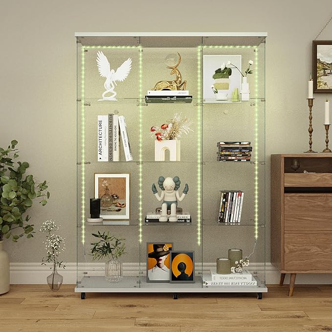 Glass Display Cabinet with LED Light Strip, 12 Shelves 3 Column 2 Doors, Large Curio Storage Cabinets with Lock & Caster for Living Room, Office, Floor Standing Glass Bookshelf - White