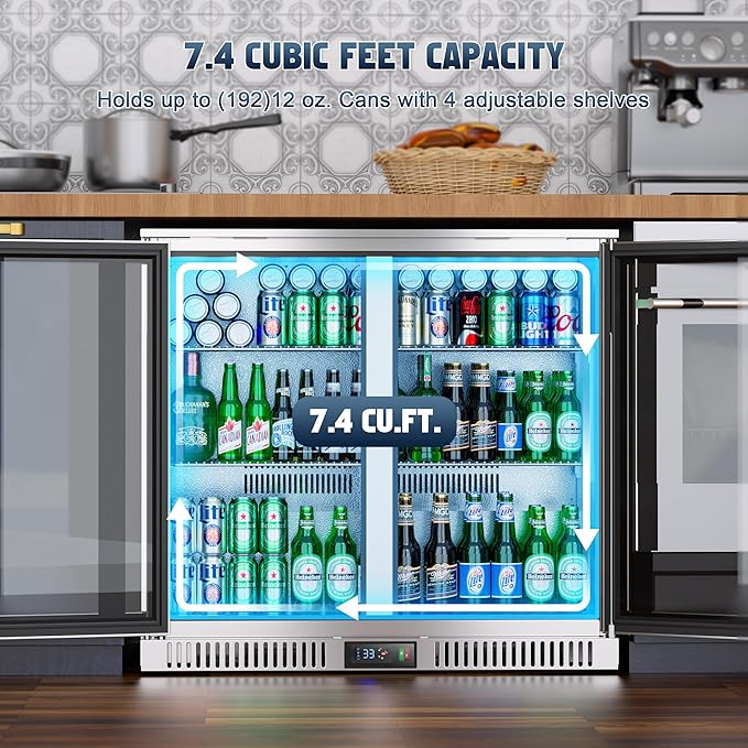 Coolski 36 Inch Back Bar Cooler, Under Counter Beverage Refrigerator with Glass Doors, Commercial Counter Height Display Fridge for Beer Soda, 7.4 Cu.Ft. Capacity/LED Lighting/ETL NSF Approved