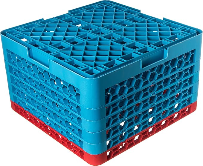 CFS RG16-5C410 OptiClean 16 Compartment Glass Rack with 5 Extenders, 11.9", Polypropylene, Red/CFS Blue