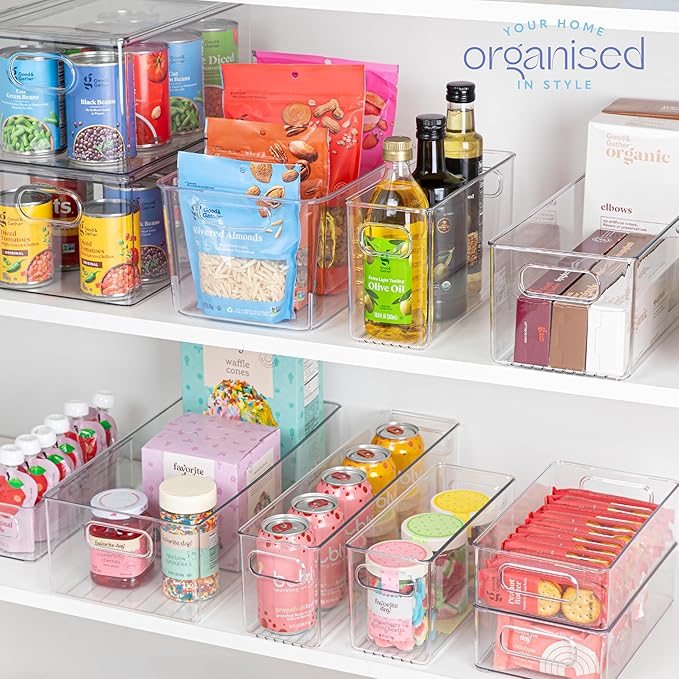 Plastic Food Storage 4 Pack Clear Container Bin with Handles for Organizing Kitchen, Pantry, Refrigerator, Freezer, Pantry, Cabinet, Closet, Bathroom. 16”x8”x5”