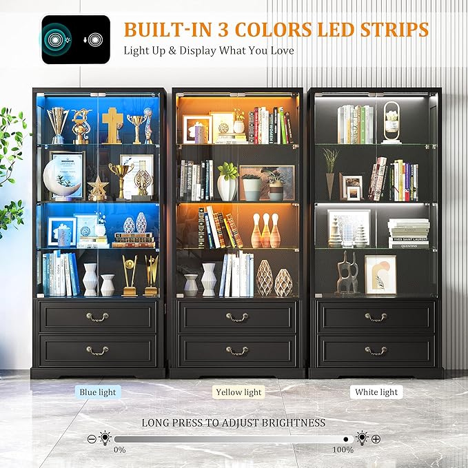Glass Display Cabinet with Door, 4-Tier Curio Cabinet with 2 Drawers and Adjustable Glass Height Showcase, Display Case with 3 LED Light and Human Body Sensor, Black