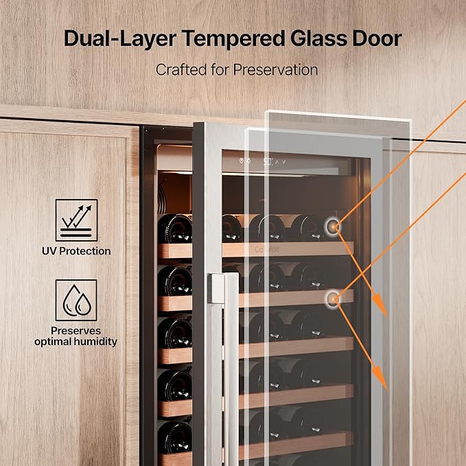 Ca'Lefort 24 Inch Wine Fridge - 90 Bottle Wine Cooler with Glass Door, 40-65°F Quiet Wine Refrigerator with Bottom Drawer 3 LED Light Built-in for Home/Bar/Kitchen Right-Hinged Door