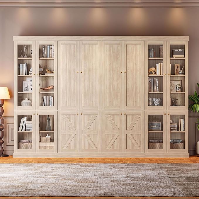 70.8" Tall Farmhouse Bookshelf, Modular Bookcase with Glass Doors, 6-Tier Adjustable Shelves, Large Storage Cabinet for Kitchen, Living Room, Brown, Set of 4