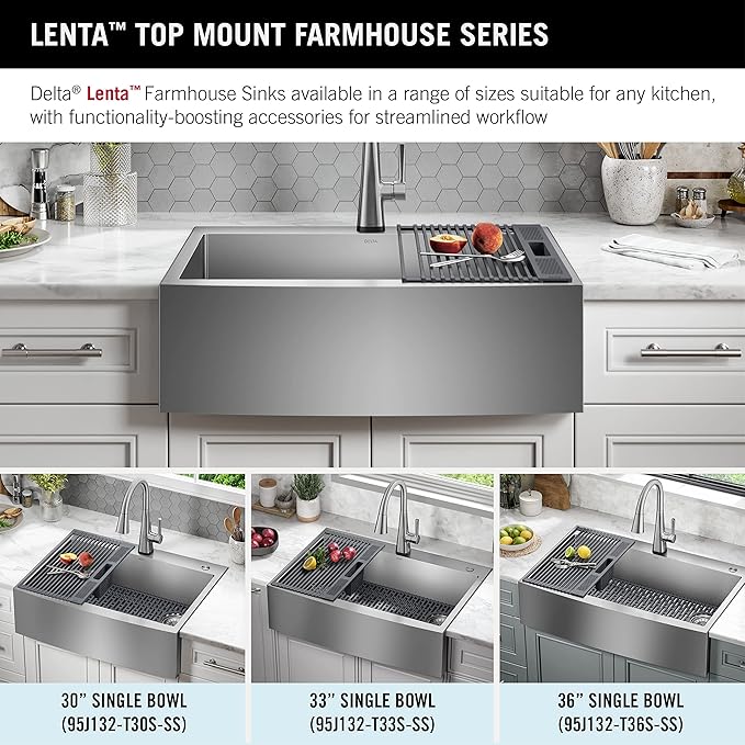 DELTA FAUCET Delta Lenta 33-inch Retrofit Farmhouse Apron Front 16 Gauge Stainless Steel Single Bowl Kitchen Sink for Undermount/Drop-In Installation with Accessories, 95J132-T33S-SS