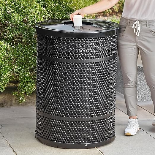 55 Gallon Perforated Trash Can with Flat Lid, Steel Outdoor Heavy-Duty Commercial Waste Bin, Round Recycle Container, Durable Garbage Can for Parks, Municipalities, Schools, Parking