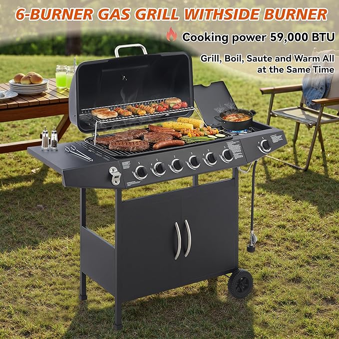 6 Burner Propane Gas Grill, 59,000 BTU Gas Grill with Side Burner, BBQ Grill with Cast Iron Grates, Stainless Steel Frame, 576 Sq In Cooking Area, Outside Grill for Patio Backyard, Patio