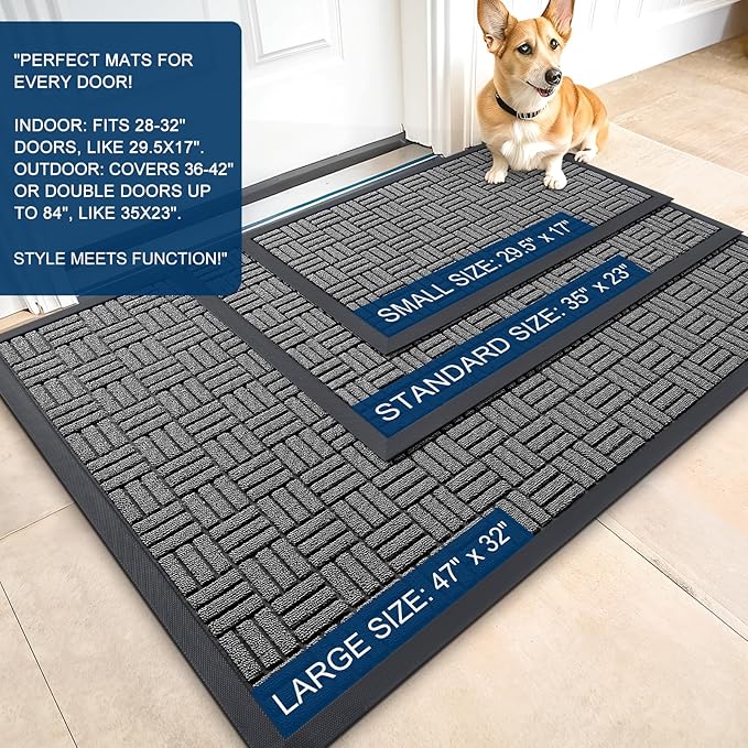 OLANLY Front Door Mat Outside Entrance 59x34, Absorbent, Heavy Duty Sturdy Natural Rubber Doormat Indoor Outdoor, Stain and Fade Resistant, Non-Slip Backing Low Profile Floor Mat for Entryway, Grey